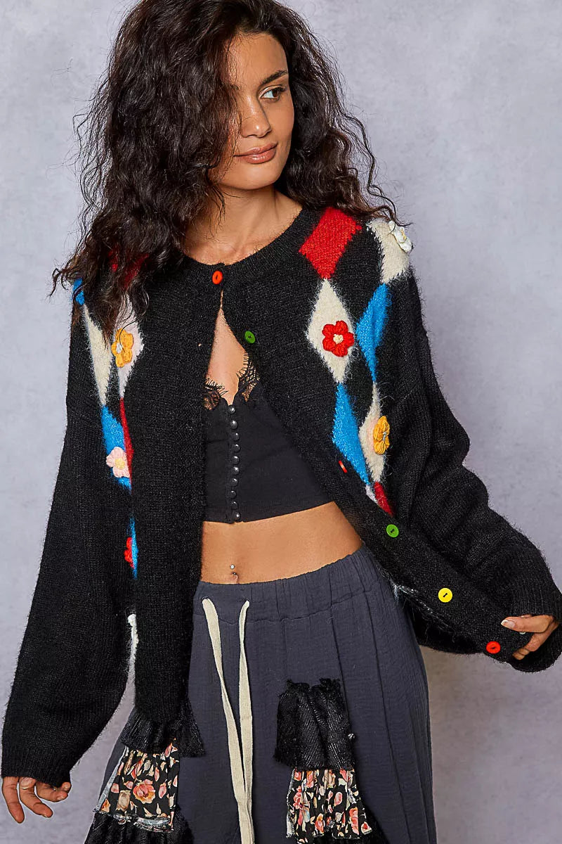 POL Button Down Diamond Pattern Round Neck Cardigan-Cardigan-Trendsi-[option4]-[option5]-[option6]-[option7]-[option8]-Shop-Boutique-Clothing-for-Women-Online