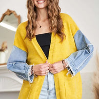 ADORA Full Size Frayed Denim Sleeve Sweater Cardigan-Coats & Jackets-Trendsi-MUSTARD-S-[option4]-[option5]-[option6]-[option7]-[option8]-Shop-Boutique-Clothing-for-Women-Online