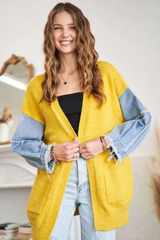 ADORA Full Size Frayed Denim Sleeve Sweater Cardigan-Coats & Jackets-Trendsi-MUSTARD-S-[option4]-[option5]-[option6]-[option7]-[option8]-Shop-Boutique-Clothing-for-Women-Online