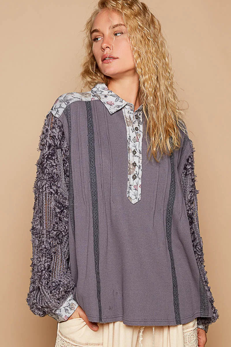 POL Floral Half Button Lace Detail Long Sleeve Top-Blouses-Trendsi-Dark Gray-S-[option4]-[option5]-[option6]-[option7]-[option8]-Shop-Boutique-Clothing-for-Women-Online