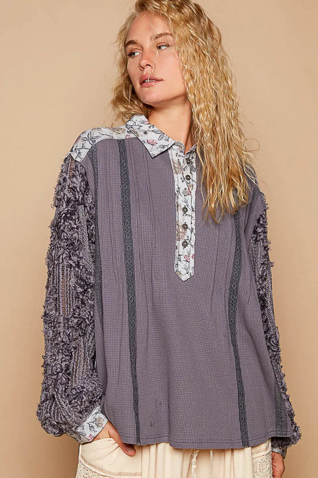 POL Floral Half Button Lace Detail Long Sleeve Top-Blouses-Trendsi-Dark Gray-S-[option4]-[option5]-[option6]-[option7]-[option8]-Shop-Boutique-Clothing-for-Women-Online