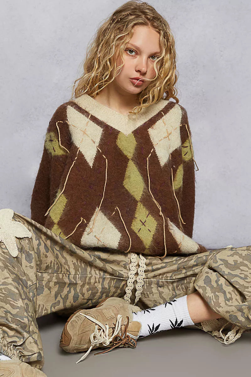 POL V-Neck Argyle Pattern Mohair Sweater with Contrast Exposed Stitch Detail-sweater-Trendsi-[option4]-[option5]-[option6]-[option7]-[option8]-Shop-Boutique-Clothing-for-Women-Online