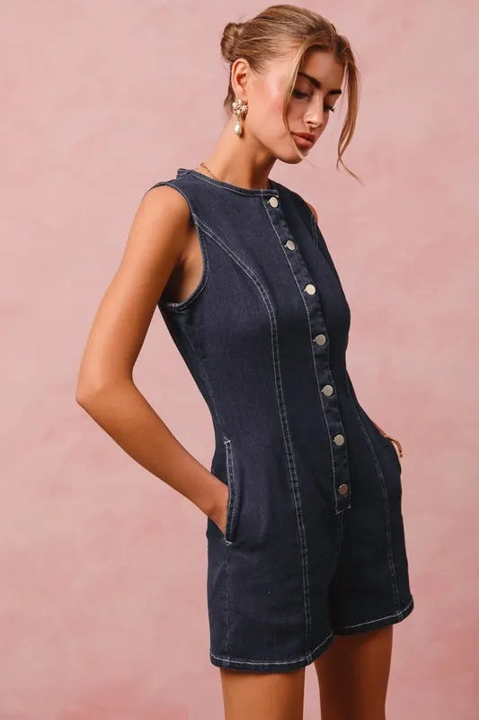 SO ME Button Up Front Washed Denim Sleeveless Romper-Rompers-Trendsi-[option4]-[option5]-[option6]-[option7]-[option8]-Shop-Boutique-Clothing-for-Women-Online