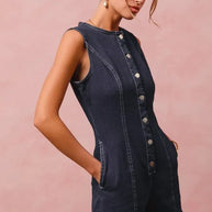 SO ME Button Up Front Washed Denim Sleeveless Romper-Rompers-Trendsi-[option4]-[option5]-[option6]-[option7]-[option8]-Shop-Boutique-Clothing-for-Women-Online