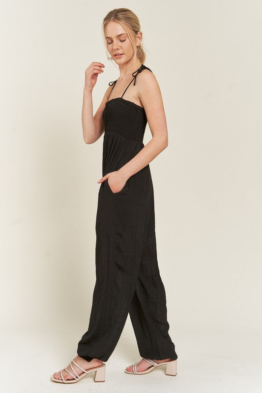 SMOCKED TIE STRAP JUMPSUIT-Jade By Jane-[option4]-[option5]-[option6]-[option7]-[option8]-Shop-Boutique-Clothing-for-Women-Online