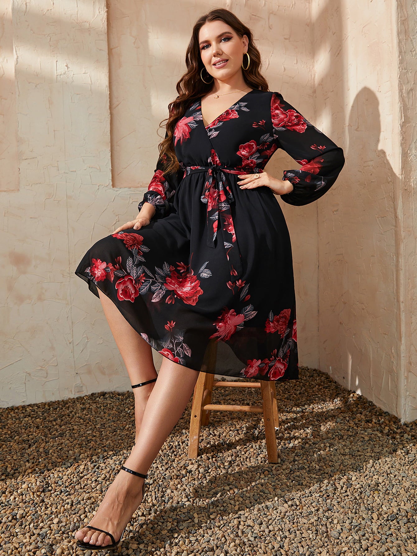 Honey Plus Size Floral Surplice Neck Tie Waist Dress-Dresses-Trendsi-[option4]-[option5]-[option6]-[option7]-[option8]-Shop-Boutique-Clothing-for-Women-Online