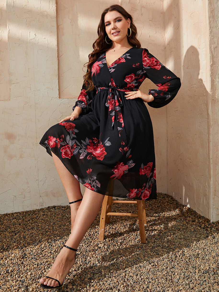 Honey Plus Size Floral Surplice Neck Tie Waist Dress-Dresses-Trendsi-[option4]-[option5]-[option6]-[option7]-[option8]-Shop-Boutique-Clothing-for-Women-Online