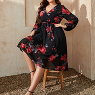 Honey Plus Size Floral Surplice Neck Tie Waist Dress-Dresses-Trendsi-[option4]-[option5]-[option6]-[option7]-[option8]-Shop-Boutique-Clothing-for-Women-Online