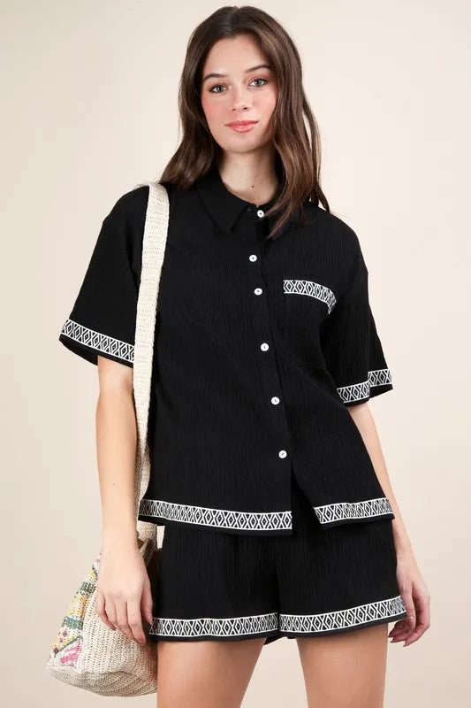 VERY J Crinkled Woven Shirt Top & Shorts Set-2 piece set-Trendsi-Black-S-[option4]-[option5]-[option6]-[option7]-[option8]-Shop-Boutique-Clothing-for-Women-Online
