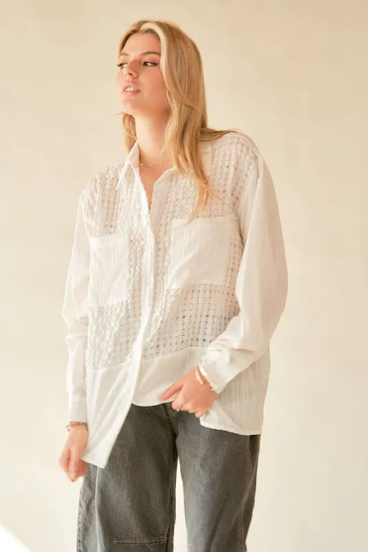 Davi & Dani Crinkled Jacquard Button Down Shirt-Blouses-Trendsi-[option4]-[option5]-[option6]-[option7]-[option8]-Shop-Boutique-Clothing-for-Women-Online
