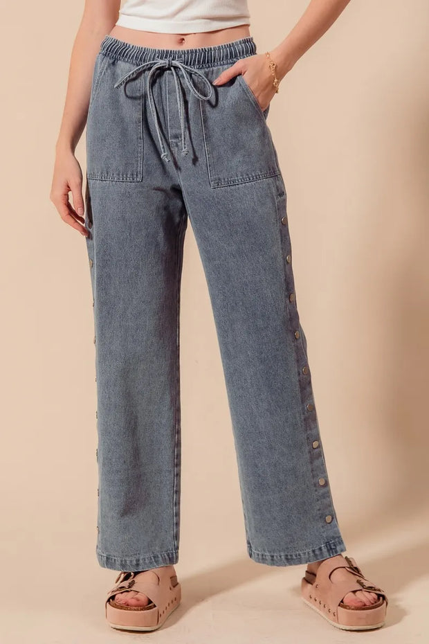 SO ME Mid Rise Drawstring Jeans with Side Snap Button-Jeans-Trendsi-DENIM-S-[option4]-[option5]-[option6]-[option7]-[option8]-Shop-Boutique-Clothing-for-Women-Online