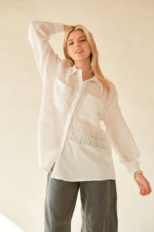 Davi & Dani Crinkled Jacquard Button Down Shirt-Blouses-Trendsi-White-S-[option4]-[option5]-[option6]-[option7]-[option8]-Shop-Boutique-Clothing-for-Women-Online