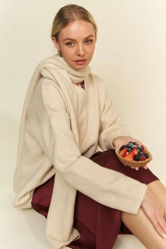 Davi & Dani V-Neck Dropped Shoulder Sweater with Scarf-Sweaters-Trendsi-[option4]-[option5]-[option6]-[option7]-[option8]-Shop-Boutique-Clothing-for-Women-Online