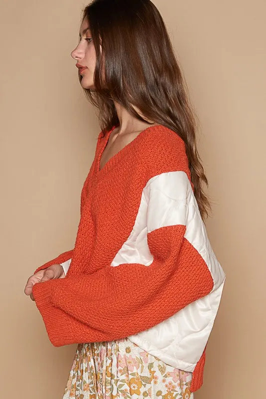 POL Cable Knit Quilting Patch V-Neck Contrast Sweater-Sweaters-Trendsi-[option4]-[option5]-[option6]-[option7]-[option8]-Shop-Boutique-Clothing-for-Women-Online