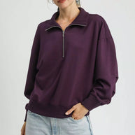 Umgee Half Zip Drop Shoulder Sweatshirt-Sweatshirts-Trendsi-PLUM-UMG-S-[option4]-[option5]-[option6]-[option7]-[option8]-Shop-Boutique-Clothing-for-Women-Online