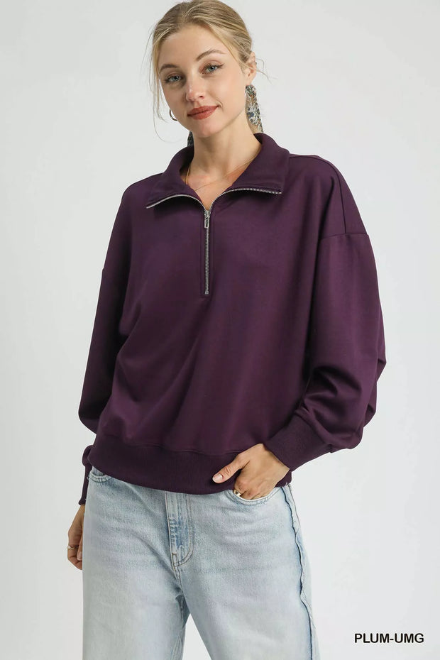 Umgee Half Zip Drop Shoulder Sweatshirt-Sweatshirts-Trendsi-PLUM-UMG-S-[option4]-[option5]-[option6]-[option7]-[option8]-Shop-Boutique-Clothing-for-Women-Online