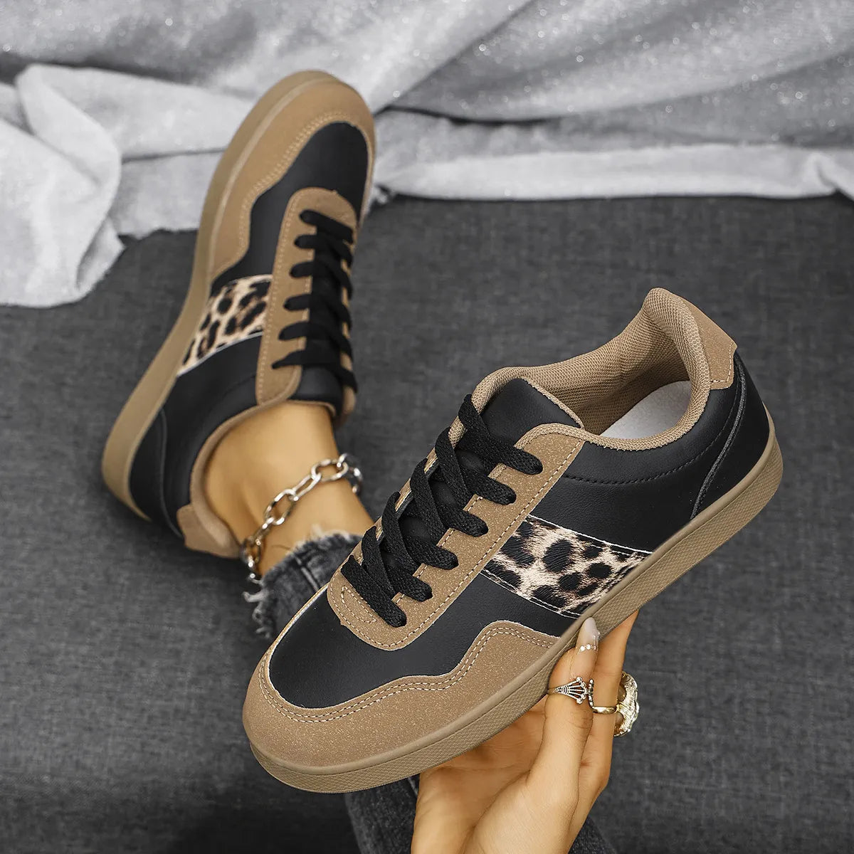 Leopard Lace Up Round Toe Sneakers-120 Sneakers-Trendsi-Taupe-36(US5)-[option4]-[option5]-[option6]-[option7]-[option8]-Shop-Boutique-Clothing-for-Women-Online