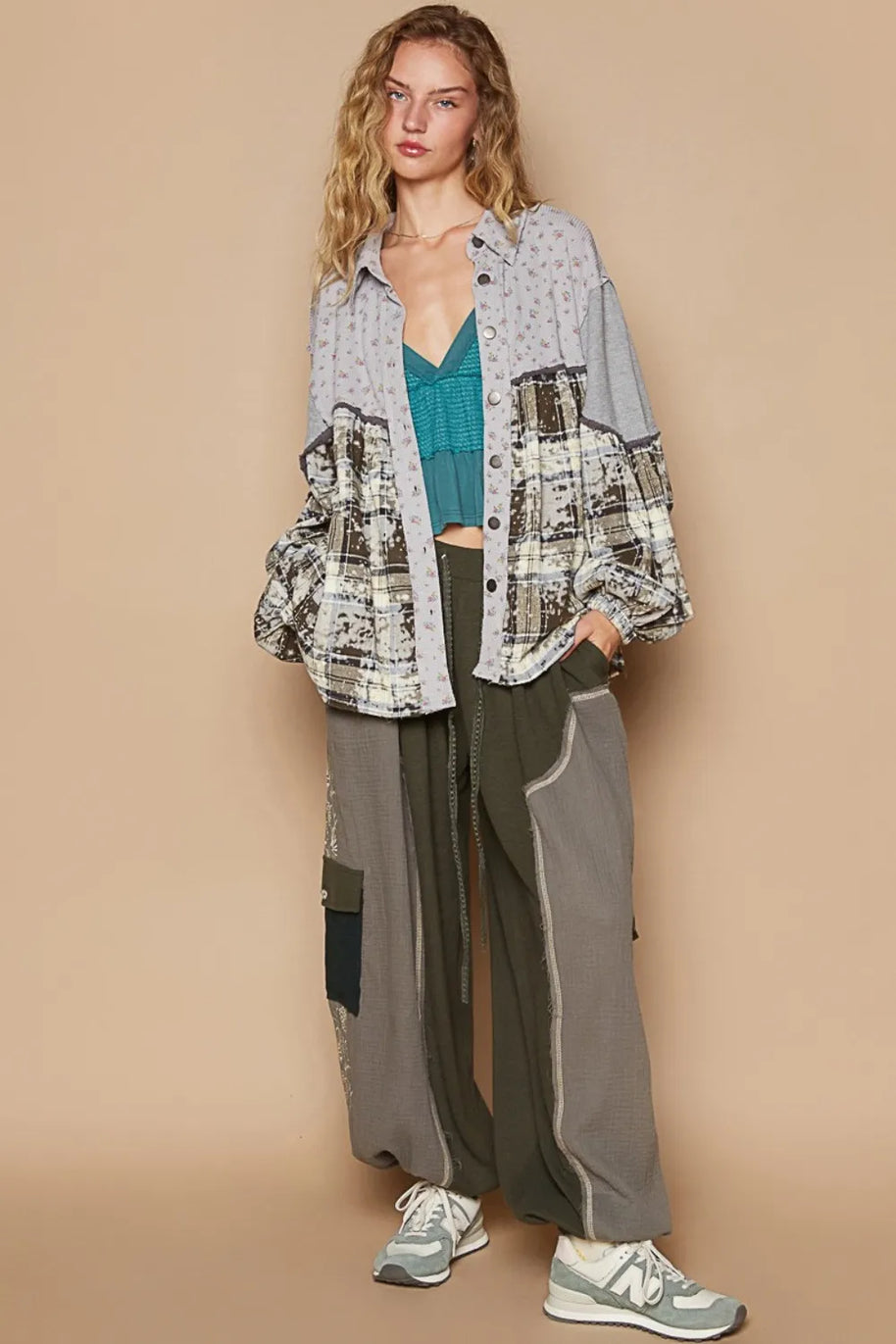 POL Balloon Sleeve Floral Color Block Plaid Shirt-Shirts-Trendsi-[option4]-[option5]-[option6]-[option7]-[option8]-Shop-Boutique-Clothing-for-Women-Online