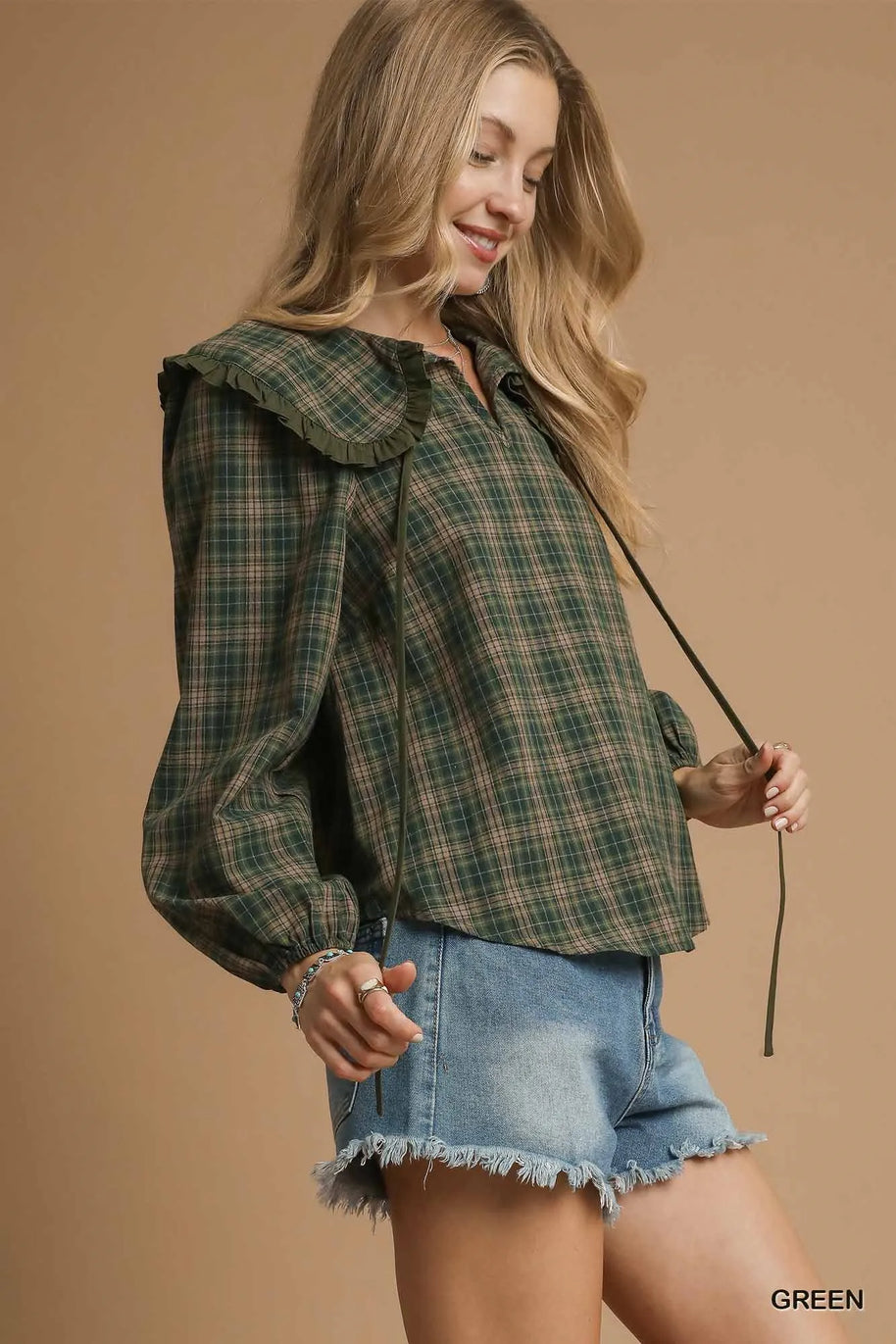 Umgee Full Size Plaid Ruffle Collar Blouse-Blouses-Trendsi-[option4]-[option5]-[option6]-[option7]-[option8]-Shop-Boutique-Clothing-for-Women-Online