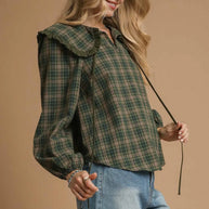 Umgee Full Size Plaid Ruffle Collar Blouse-Blouses-Trendsi-[option4]-[option5]-[option6]-[option7]-[option8]-Shop-Boutique-Clothing-for-Women-Online