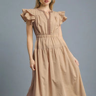 Umgee Ruffled Cap Sleeve Midi Dress with Contrast Trim Detail-Dresses-Trendsi-Tan-S-[option4]-[option5]-[option6]-[option7]-[option8]-Shop-Boutique-Clothing-for-Women-Online