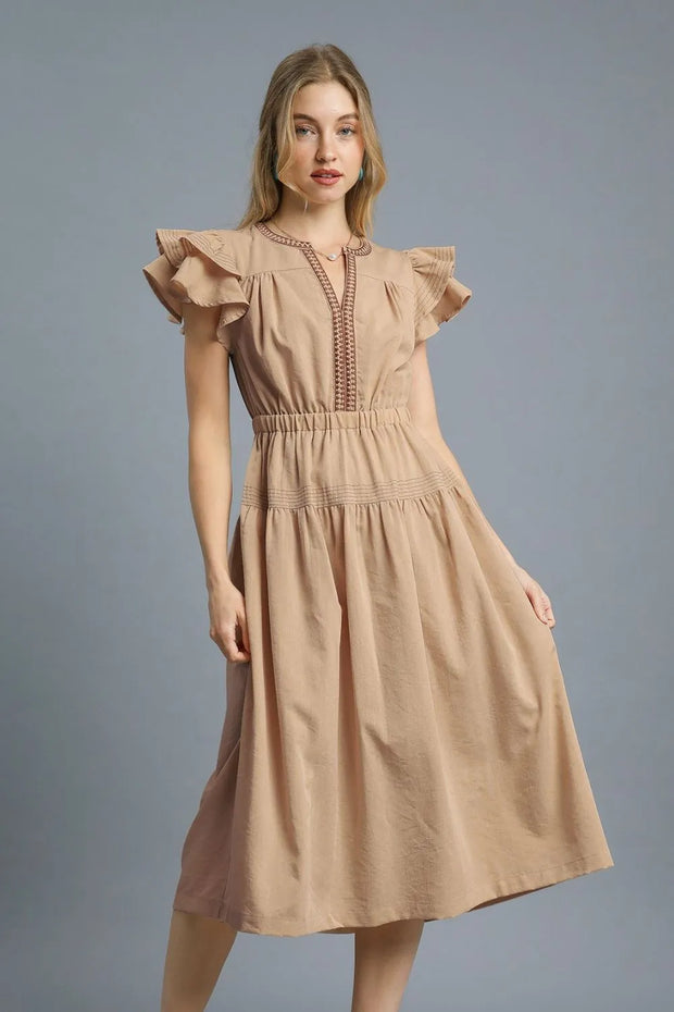 Umgee Ruffled Cap Sleeve Midi Dress with Contrast Trim Detail-Dresses-Trendsi-Tan-S-[option4]-[option5]-[option6]-[option7]-[option8]-Shop-Boutique-Clothing-for-Women-Online