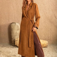 Slit Tied Collared Neck Longline Coat-Coats & Jackets-Trendsi-Caramel-S-[option4]-[option5]-[option6]-[option7]-[option8]-Shop-Boutique-Clothing-for-Women-Online