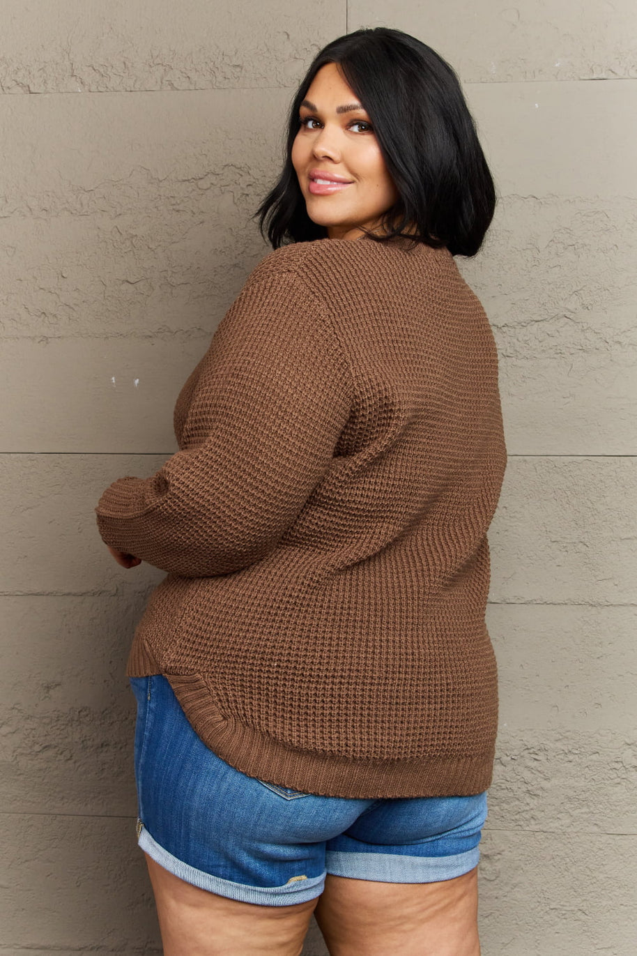 Zenana Breezy Days Plus Size High Low Waffle Knit Sweater-Sweaters-Trendsi-[option4]-[option5]-[option6]-[option7]-[option8]-Shop-Boutique-Clothing-for-Women-Online
