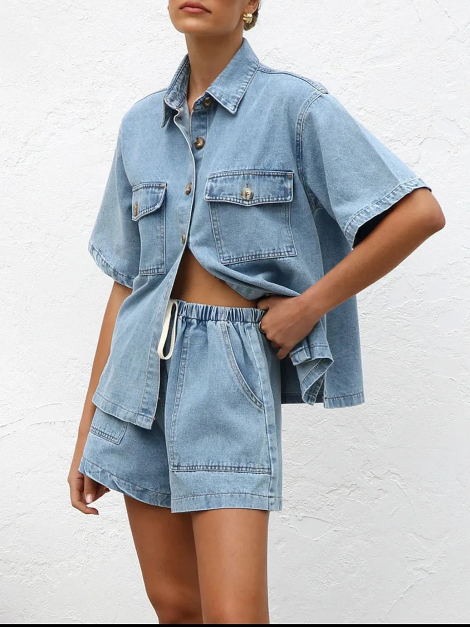 Button Up Short Sleeve Top and Shorts Denim Set-Sets-Trendsi-Light-S-[option4]-[option5]-[option6]-[option7]-[option8]-Shop-Boutique-Clothing-for-Women-Online