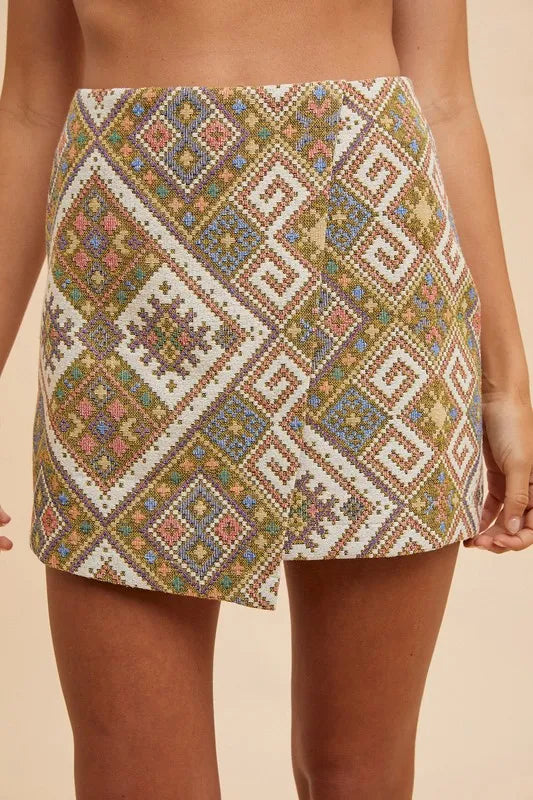 Annie Wear Ethic Woven Jacquard Wrap Mini Skirt-Skirts-Trendsi-YELLOW GREEN MULTI-S-[option4]-[option5]-[option6]-[option7]-[option8]-Shop-Boutique-Clothing-for-Women-Online