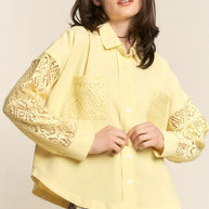 J.NNA Button Down Lace Long Sleeve Waffle Shirt-Blouses-Trendsi-Yellow-S-[option4]-[option5]-[option6]-[option7]-[option8]-Shop-Boutique-Clothing-for-Women-Online
