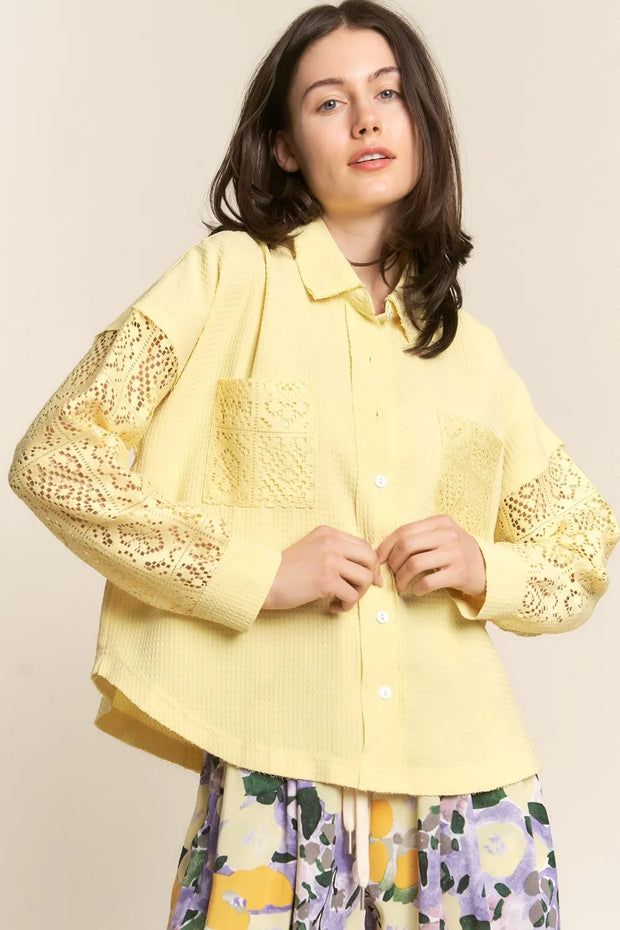 J.NNA Button Down Lace Long Sleeve Waffle Shirt-Blouses-Trendsi-Yellow-S-[option4]-[option5]-[option6]-[option7]-[option8]-Shop-Boutique-Clothing-for-Women-Online