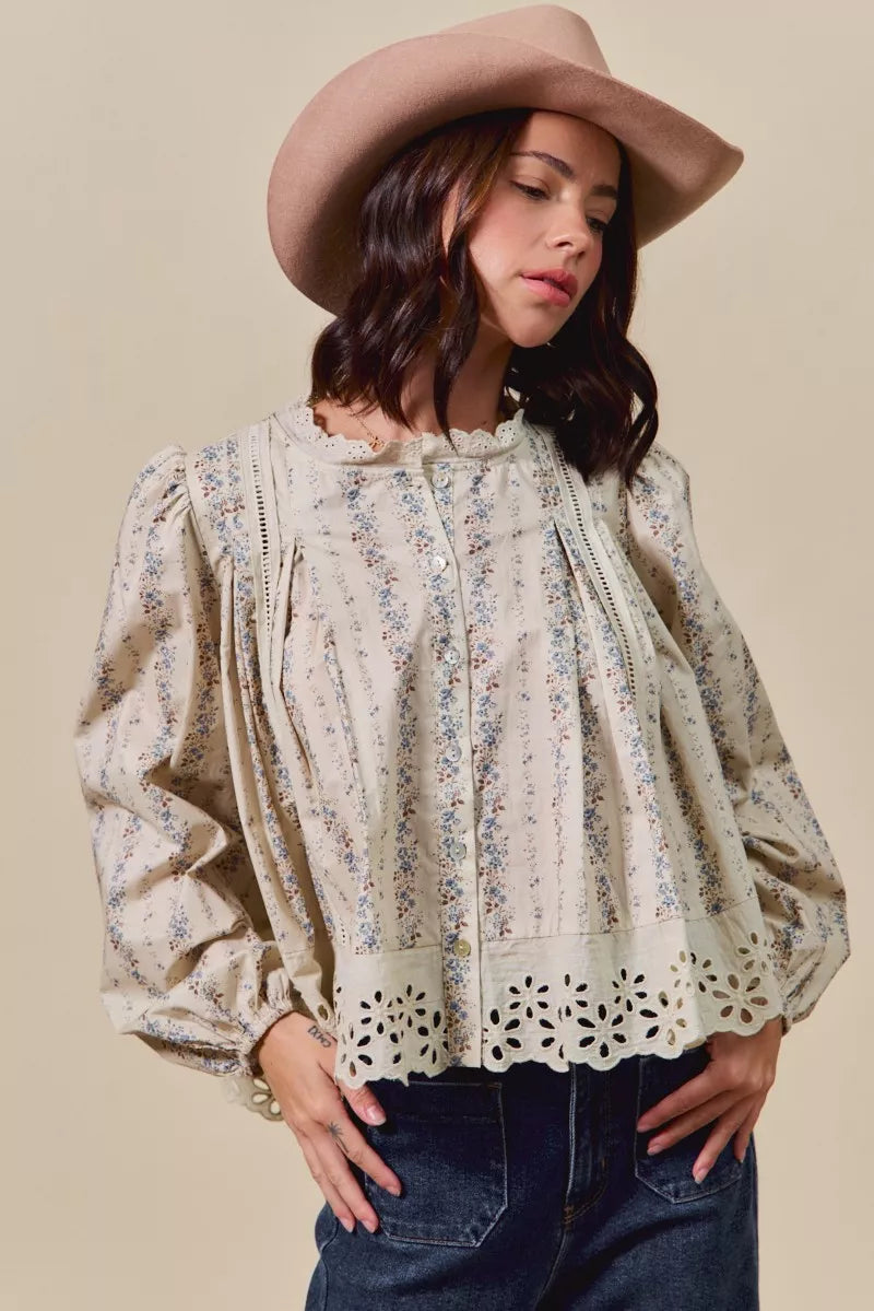 SO ME Floral Print Lace Button Down Shirt-Blouses-Trendsi-[option4]-[option5]-[option6]-[option7]-[option8]-Shop-Boutique-Clothing-for-Women-Online
