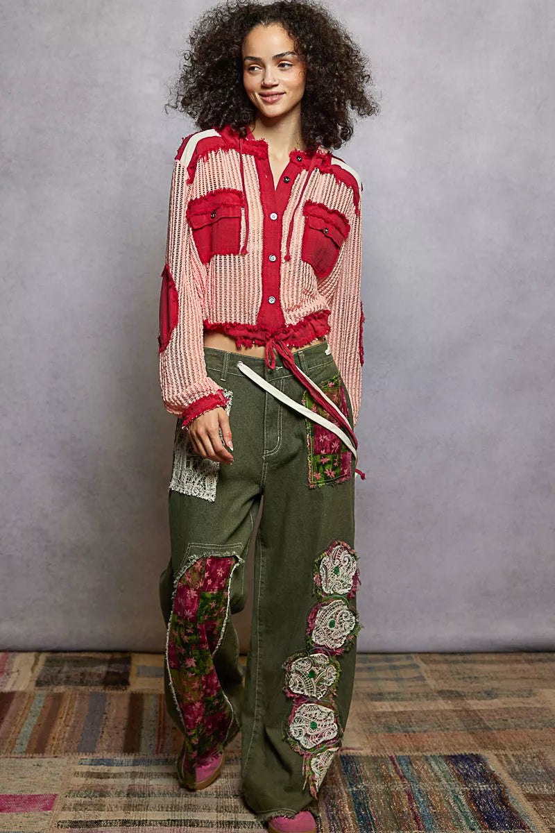 POL Texture Woven Button Down Hooded Shirt with Drawstring Hem-Shirts-Trendsi-[option4]-[option5]-[option6]-[option7]-[option8]-Shop-Boutique-Clothing-for-Women-Online