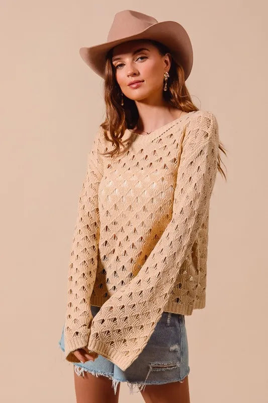 SO ME Geometric Pattern Open Knit Lightweight Sweater-Sweaters-Trendsi-[option4]-[option5]-[option6]-[option7]-[option8]-Shop-Boutique-Clothing-for-Women-Online