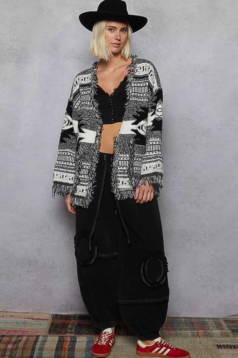 POL Open Front Geometric Print Cardigan with Fringe Detail-Cardigan-Trendsi-[option4]-[option5]-[option6]-[option7]-[option8]-Shop-Boutique-Clothing-for-Women-Online