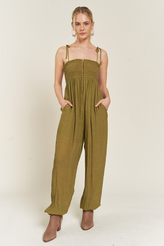 SMOCKED TIE STRAP JUMPSUIT PLUS SIZE-Jade By Jane-OLIVE-1X-[option4]-[option5]-[option6]-[option7]-[option8]-Shop-Boutique-Clothing-for-Women-Online