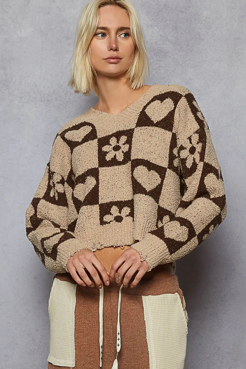 POL V-Neck Heart Pattern Checkered Sweater-Sweaters-Trendsi-[option4]-[option5]-[option6]-[option7]-[option8]-Shop-Boutique-Clothing-for-Women-Online