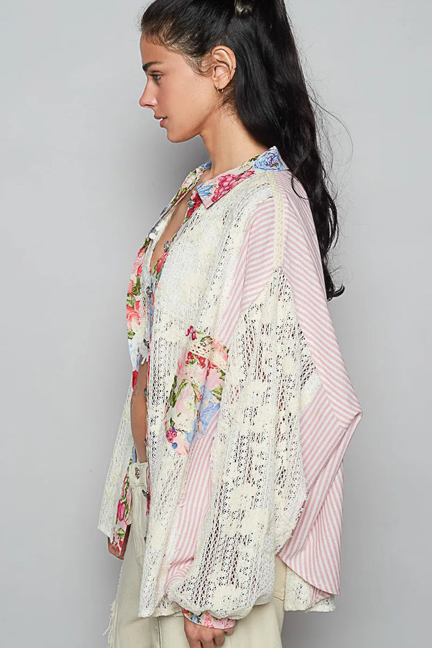POL Lace Long Sleeve Shirt with Floral and Striped Pattern-Shirts-Trendsi-[option4]-[option5]-[option6]-[option7]-[option8]-Shop-Boutique-Clothing-for-Women-Online