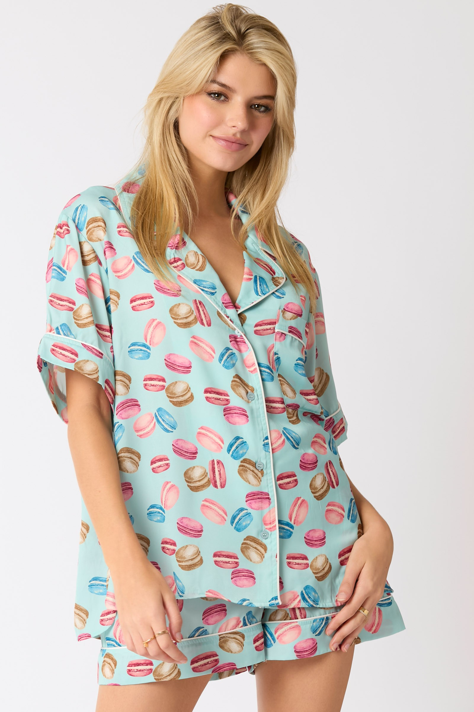 Poly Satin Macarons Printed Pajama Shirt-Tops-Ave Shops-[option4]-[option5]-[option6]-[option7]-[option8]-Shop-Boutique-Clothing-for-Women-Online